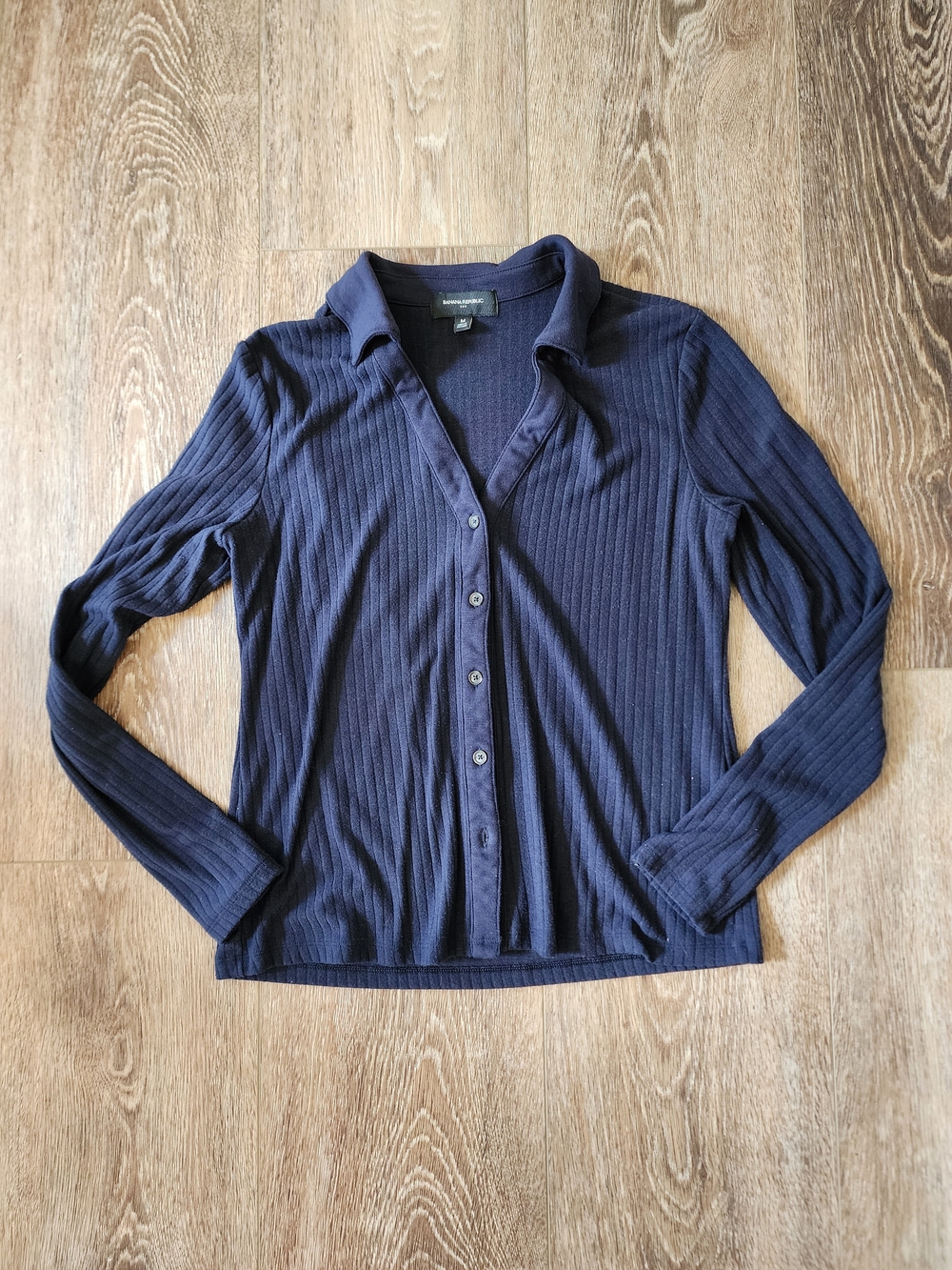 Banana Republic Navy Ribbed Button-Up Collared Top